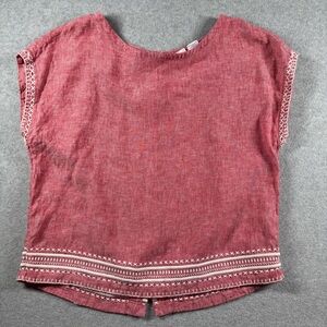 Sigrid Olsen Red Linen Blend Boxy Embroidered Hem Blouse